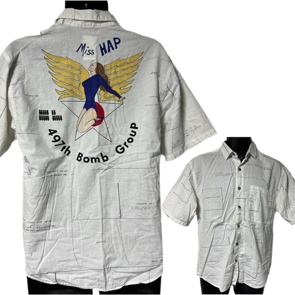 Vintage Test Pilot All Over Print Military Miss Hap 497th Bomb Group Shirt Small - Picture 1 of 8
